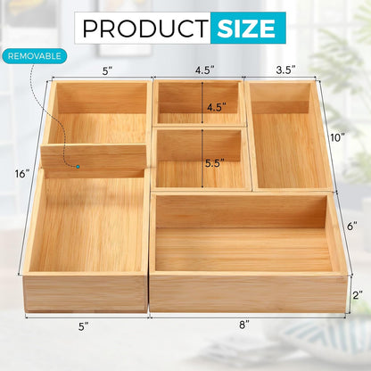 Drawer Organizer, Set of 9 Bamboo Wood Kitchen Makeup Desk Junk Tea Drawer Storage Boxes Bins for Cutlery Silverware Utensils Flatware, Small Wooden Container Tray for Bathroom, Office