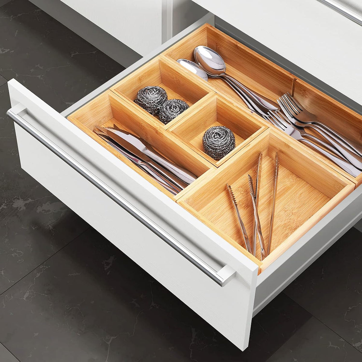 Drawer Organizer, Set of 9 Bamboo Wood Kitchen Makeup Desk Junk Tea Drawer Storage Boxes Bins for Cutlery Silverware Utensils Flatware, Small Wooden Container Tray for Bathroom, Office