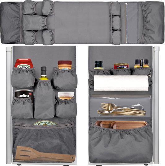 Mini Fridge Organizer Dorm Essentials - Over the Fridge Caddy Organizer, Dorm Room Storage, Mini Refrigerator Dust Cover Top with 12 Extra Large Fabric Pockets for Office Kitchen Home School, Grey