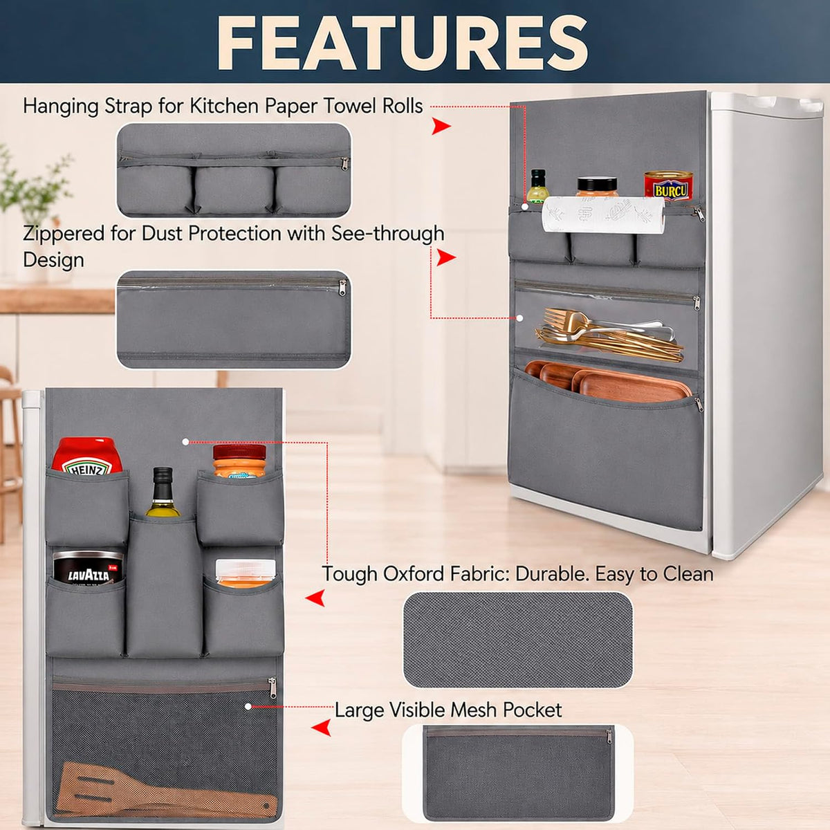 Mini Fridge Organizer Dorm Essentials - Over the Fridge Caddy Organizer, Dorm Room Storage, Mini Refrigerator Dust Cover Top with 12 Extra Large Fabric Pockets for Office Kitchen Home School, Grey