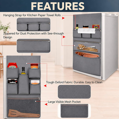 Mini Fridge Organizer Dorm Essentials - Over the Fridge Caddy Organizer, Dorm Room Storage, Mini Refrigerator Dust Cover Top with 12 Extra Large Fabric Pockets for Office Kitchen Home School, Grey