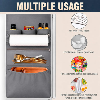 Mini Fridge Organizer Dorm Essentials - Over the Fridge Caddy Organizer, Dorm Room Storage, Mini Refrigerator Dust Cover Top with 12 Extra Large Fabric Pockets for Office Kitchen Home School, Grey