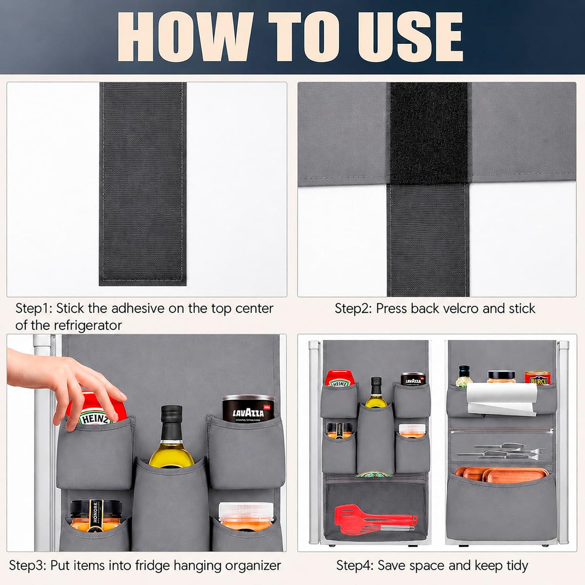 Mini Fridge Organizer Dorm Essentials - Over the Fridge Caddy Organizer, Dorm Room Storage, Mini Refrigerator Dust Cover Top with 12 Extra Large Fabric Pockets for Office Kitchen Home School, Grey