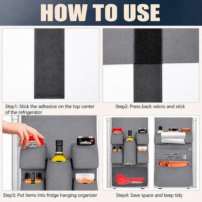Mini Fridge Organizer Dorm Essentials - Over the Fridge Caddy Organizer, Dorm Room Storage, Mini Refrigerator Dust Cover Top with 12 Extra Large Fabric Pockets for Office Kitchen Home School, Grey