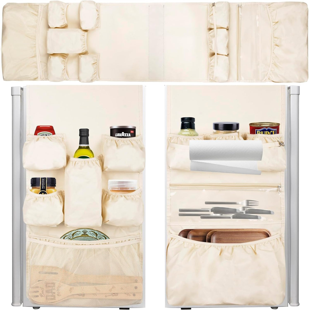 Mini Fridge Organizer Dorm Essentials - Over the Fridge Caddy Organizer, Dorm Room Storage, Mini Refrigerator Dust Cover Top with 12 Extra Large Fabric Pockets for Office Kitchen Home School, Grey