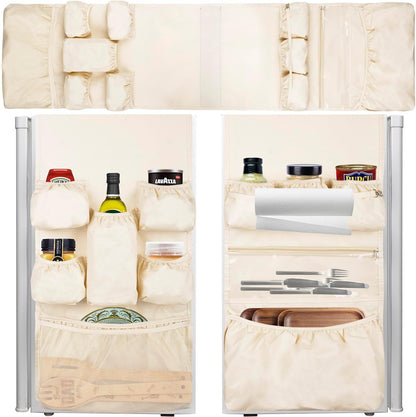 Mini Fridge Organizer Dorm Essentials - Over the Fridge Caddy Organizer, Dorm Room Storage, Mini Refrigerator Dust Cover Top with 12 Extra Large Fabric Pockets for Office Kitchen Home School, Grey