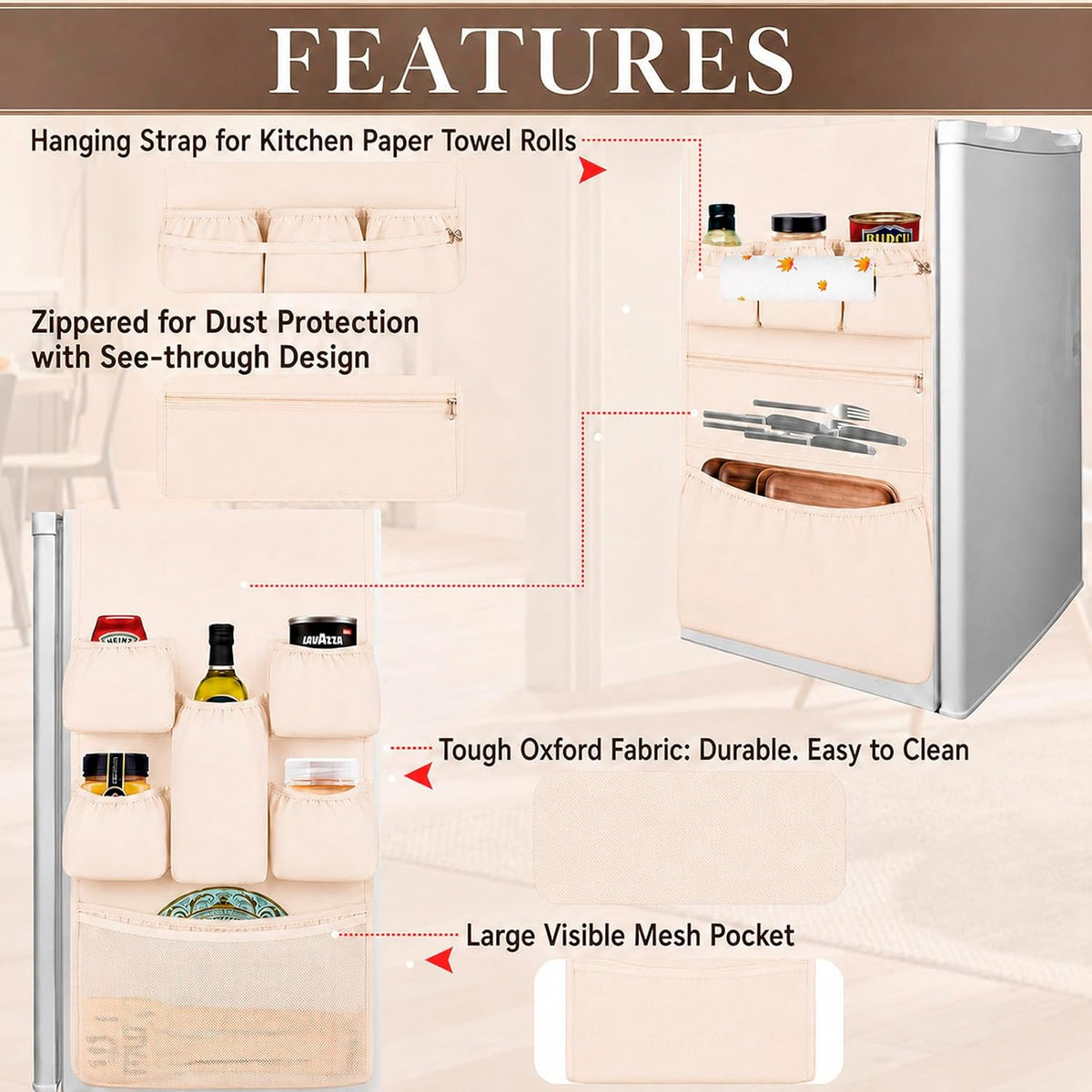 Mini Fridge Organizer Dorm Essentials - Over the Fridge Caddy Organizer, Dorm Room Storage, Mini Refrigerator Dust Cover Top with 12 Extra Large Fabric Pockets for Office Kitchen Home School, Grey