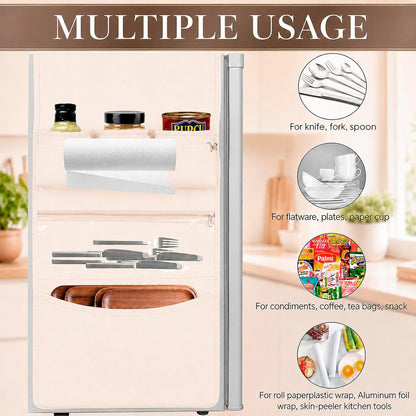 Mini Fridge Organizer Dorm Essentials - Over the Fridge Caddy Organizer, Dorm Room Storage, Mini Refrigerator Dust Cover Top with 12 Extra Large Fabric Pockets for Office Kitchen Home School, Grey