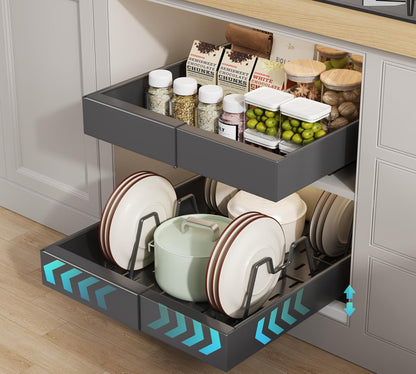 Pull out Cabinet Organizer 21"Deep with 4 Adjustable Dividers,Expandable（12.1"-20.4"W） Pots and Pans Organizer Under Cabinet with Raising Pad for Framed Cabinets,Slide out Drawers,White