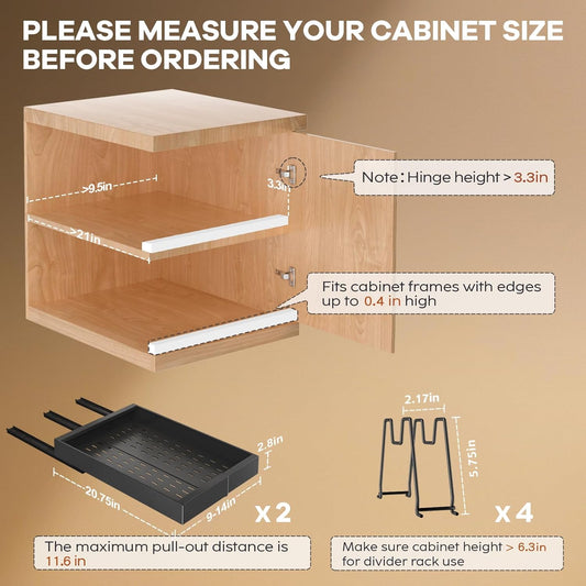 Pull out Cabinet Organizer 21"Deep with 4 Adjustable Dividers,Expandable（12.1"-20.4"W） Pots and Pans Organizer Under Cabinet with Raising Pad for Framed Cabinets,Slide out Drawers,White