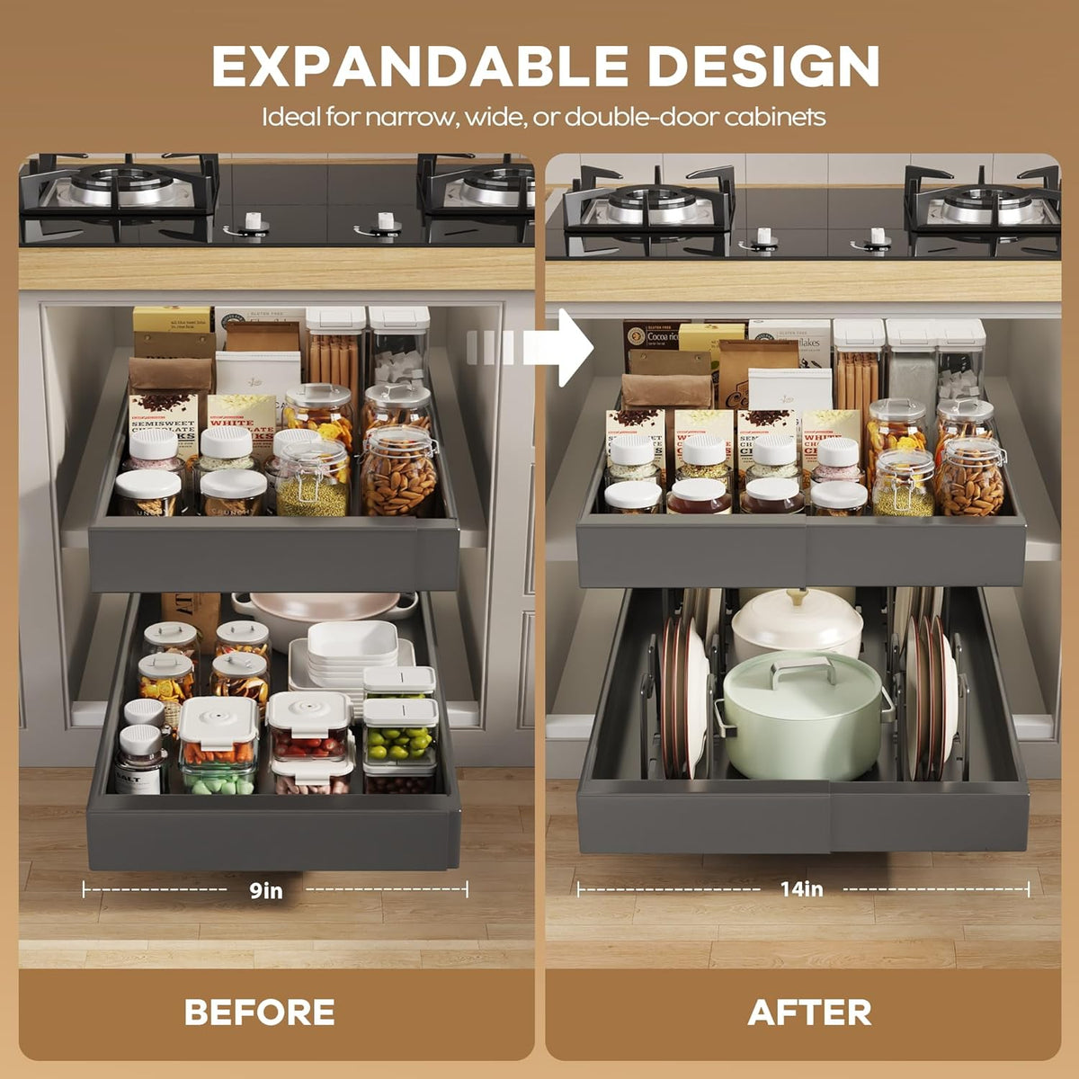 Pull out Cabinet Organizer 21"Deep with 4 Adjustable Dividers,Expandable（12.1"-20.4"W） Pots and Pans Organizer Under Cabinet with Raising Pad for Framed Cabinets,Slide out Drawers,White