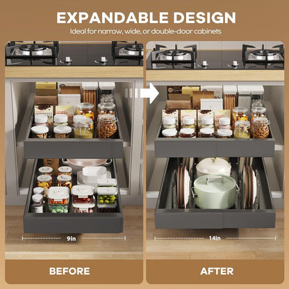 Pull out Cabinet Organizer 21"Deep with 4 Adjustable Dividers,Expandable（12.1"-20.4"W） Pots and Pans Organizer Under Cabinet with Raising Pad for Framed Cabinets,Slide out Drawers,White