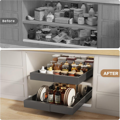 Pull out Cabinet Organizer 21"Deep with 4 Adjustable Dividers,Expandable（12.1"-20.4"W） Pots and Pans Organizer Under Cabinet with Raising Pad for Framed Cabinets,Slide out Drawers,White