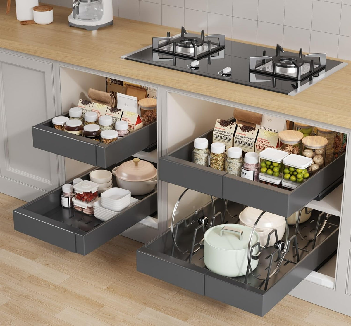 Pull out Cabinet Organizer 21"Deep with 4 Adjustable Dividers,Expandable（12.1"-20.4"W） Pots and Pans Organizer Under Cabinet with Raising Pad for Framed Cabinets,Slide out Drawers,White