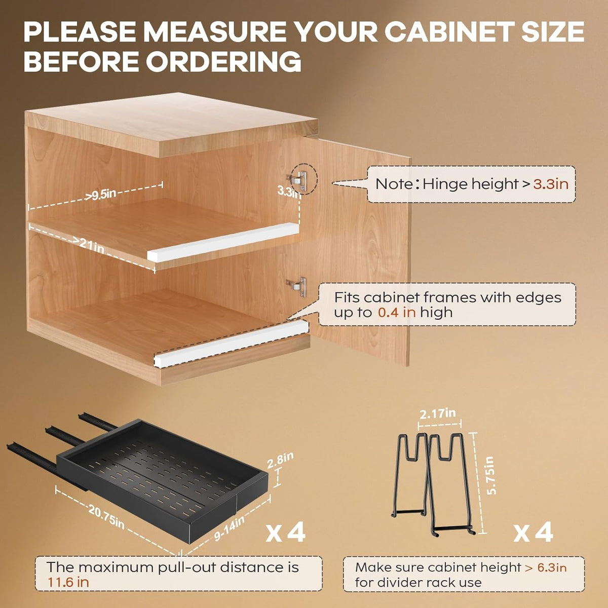 Pull out Cabinet Organizer 21"Deep with 4 Adjustable Dividers,Expandable（12.1"-20.4"W） Pots and Pans Organizer Under Cabinet with Raising Pad for Framed Cabinets,Slide out Drawers,White