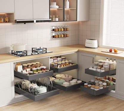 Pull out Cabinet Organizer 21"Deep with 4 Adjustable Dividers,Expandable（12.1"-20.4"W） Pots and Pans Organizer Under Cabinet with Raising Pad for Framed Cabinets,Slide out Drawers,White