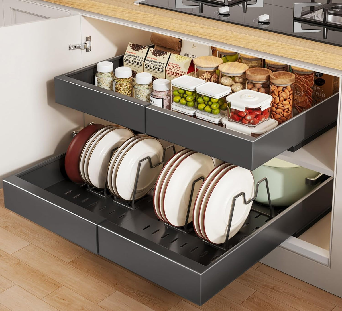Pull out Cabinet Organizer 21"Deep with 4 Adjustable Dividers,Expandable（12.1"-20.4"W） Pots and Pans Organizer Under Cabinet with Raising Pad for Framed Cabinets,Slide out Drawers,White