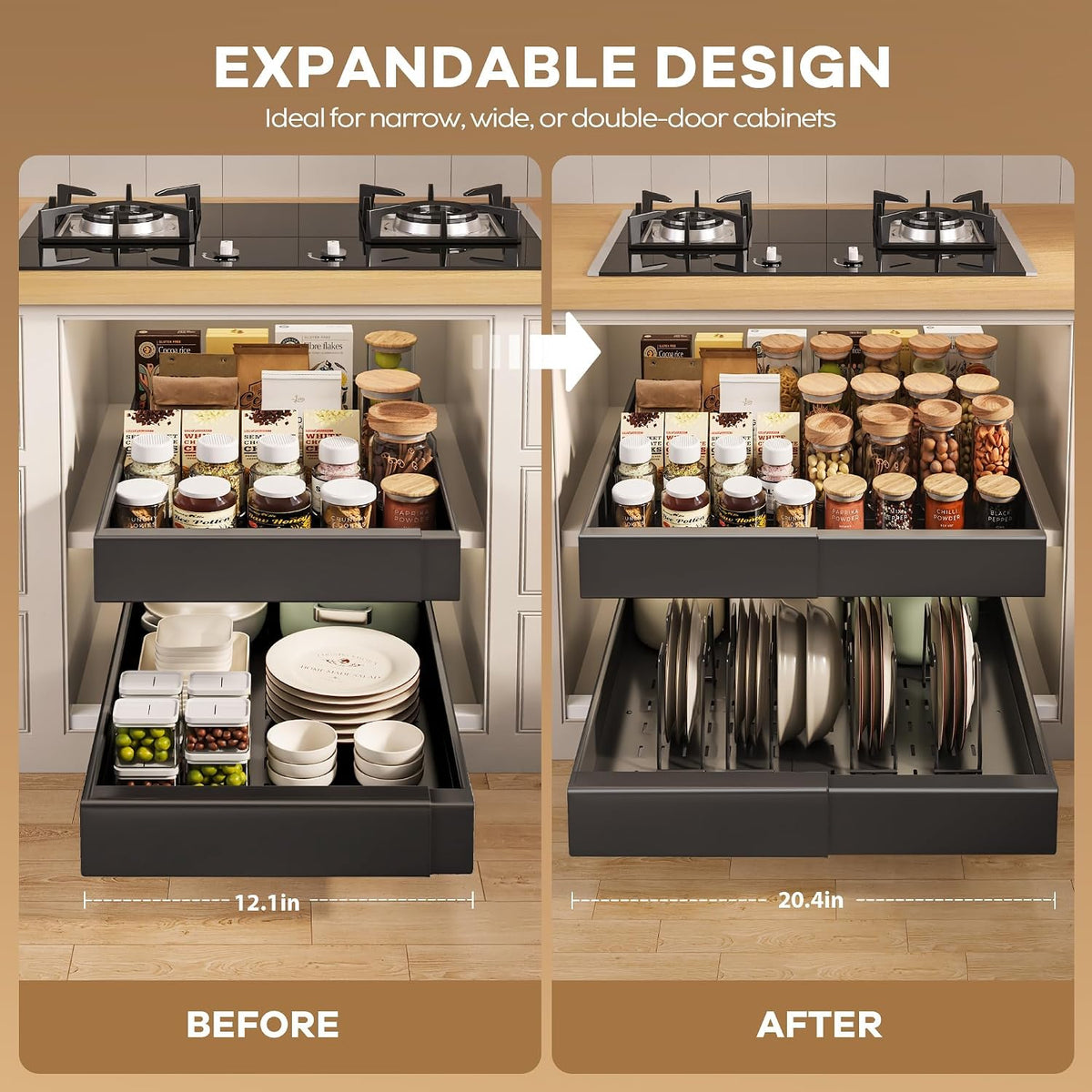 Pull out Cabinet Organizer 21"Deep with 4 Adjustable Dividers,Expandable（12.1"-20.4"W） Pots and Pans Organizer Under Cabinet with Raising Pad for Framed Cabinets,Slide out Drawers,White