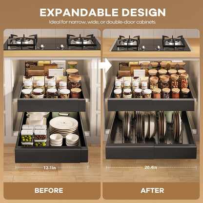 Pull out Cabinet Organizer 21"Deep with 4 Adjustable Dividers,Expandable（12.1"-20.4"W） Pots and Pans Organizer Under Cabinet with Raising Pad for Framed Cabinets,Slide out Drawers,White