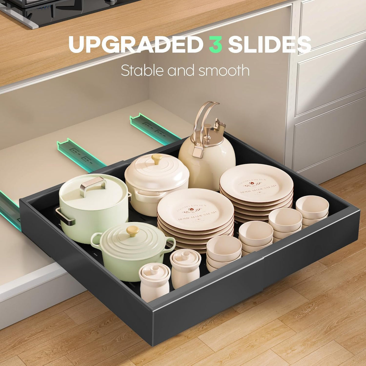 Pull out Cabinet Organizer 21"Deep with 4 Adjustable Dividers,Expandable（12.1"-20.4"W） Pots and Pans Organizer Under Cabinet with Raising Pad for Framed Cabinets,Slide out Drawers,White