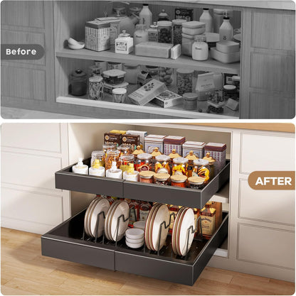 Pull out Cabinet Organizer 21"Deep with 4 Adjustable Dividers,Expandable（12.1"-20.4"W） Pots and Pans Organizer Under Cabinet with Raising Pad for Framed Cabinets,Slide out Drawers,White