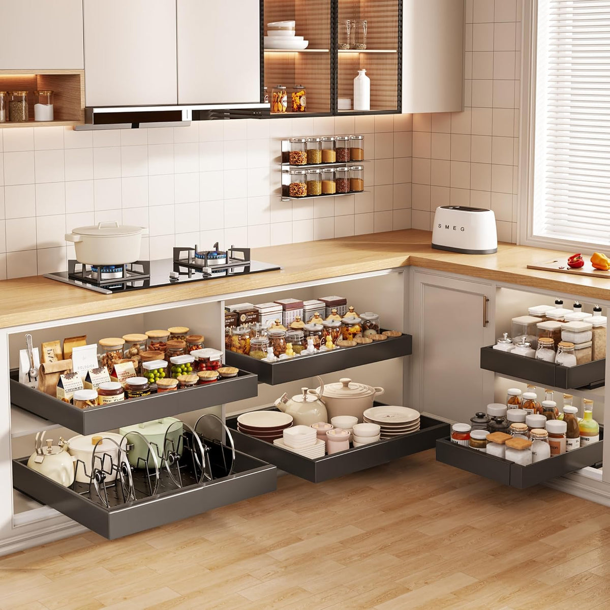 Pull out Cabinet Organizer 21"Deep with 4 Adjustable Dividers,Expandable（12.1"-20.4"W） Pots and Pans Organizer Under Cabinet with Raising Pad for Framed Cabinets,Slide out Drawers,White