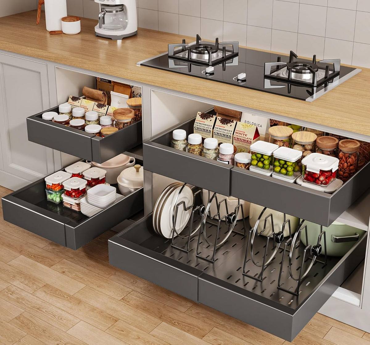 Pull out Cabinet Organizer 21"Deep with 4 Adjustable Dividers,Expandable（12.1"-20.4"W） Pots and Pans Organizer Under Cabinet with Raising Pad for Framed Cabinets,Slide out Drawers,White