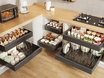 Pull out Cabinet Organizer 21"Deep with 4 Adjustable Dividers,Expandable（12.1"-20.4"W） Pots and Pans Organizer Under Cabinet with Raising Pad for Framed Cabinets,Slide out Drawers,White