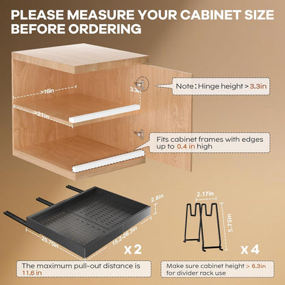 Pull out Cabinet Organizer 21"Deep with 4 Adjustable Dividers,Expandable（12.1"-20.4"W） Pots and Pans Organizer Under Cabinet with Raising Pad for Framed Cabinets,Slide out Drawers,White