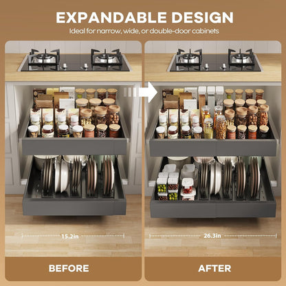 Pull out Cabinet Organizer 21"Deep with 4 Adjustable Dividers,Expandable（12.1"-20.4"W） Pots and Pans Organizer Under Cabinet with Raising Pad for Framed Cabinets,Slide out Drawers,White