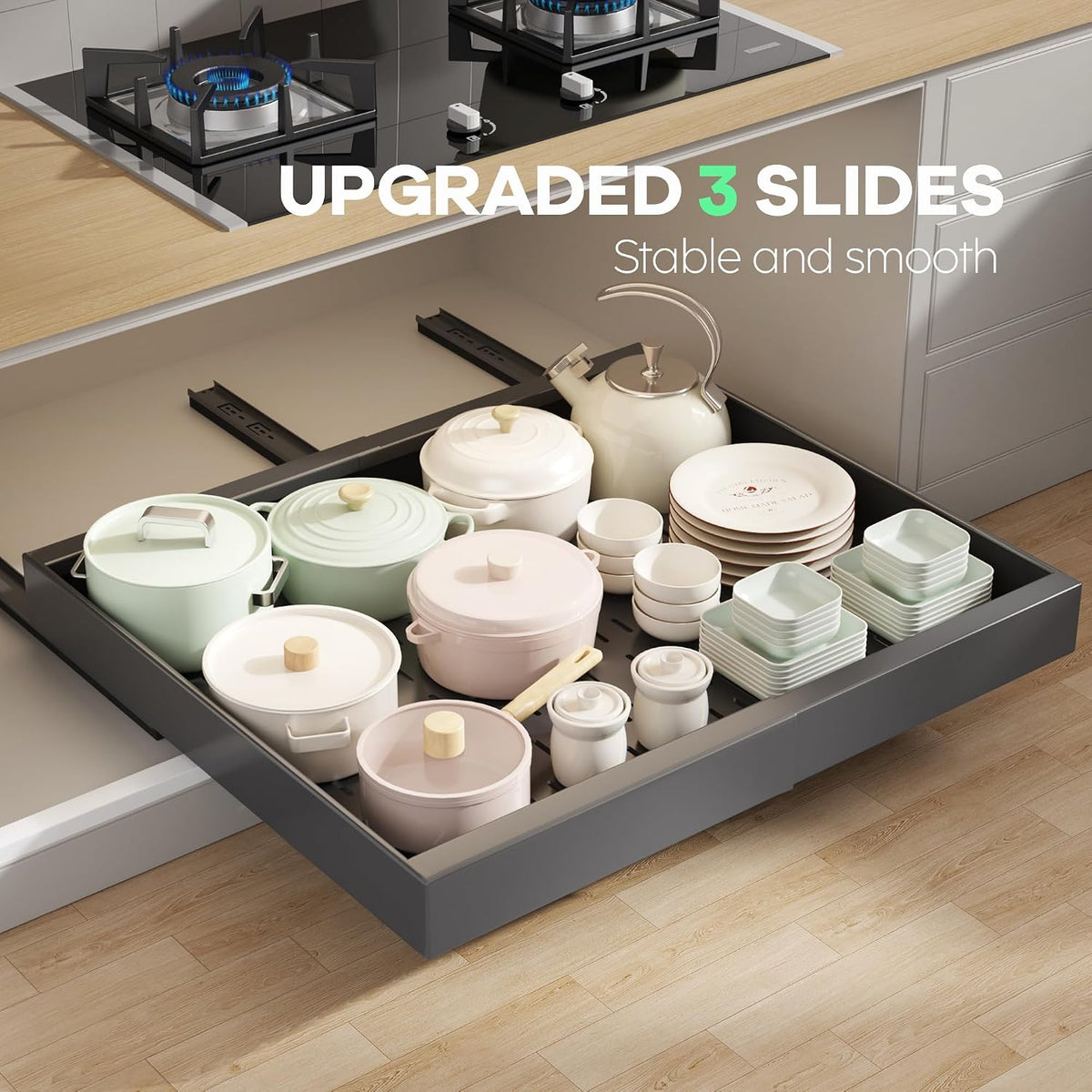 Pull out Cabinet Organizer 21"Deep with 4 Adjustable Dividers,Expandable（12.1"-20.4"W） Pots and Pans Organizer Under Cabinet with Raising Pad for Framed Cabinets,Slide out Drawers,White