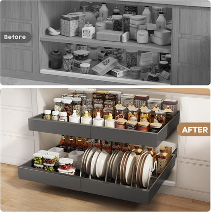 Pull out Cabinet Organizer 21"Deep with 4 Adjustable Dividers,Expandable（12.1"-20.4"W） Pots and Pans Organizer Under Cabinet with Raising Pad for Framed Cabinets,Slide out Drawers,White