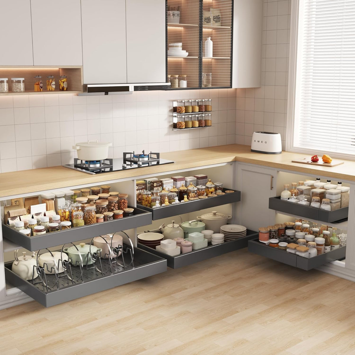 Pull out Cabinet Organizer 21"Deep with 4 Adjustable Dividers,Expandable（12.1"-20.4"W） Pots and Pans Organizer Under Cabinet with Raising Pad for Framed Cabinets,Slide out Drawers,White