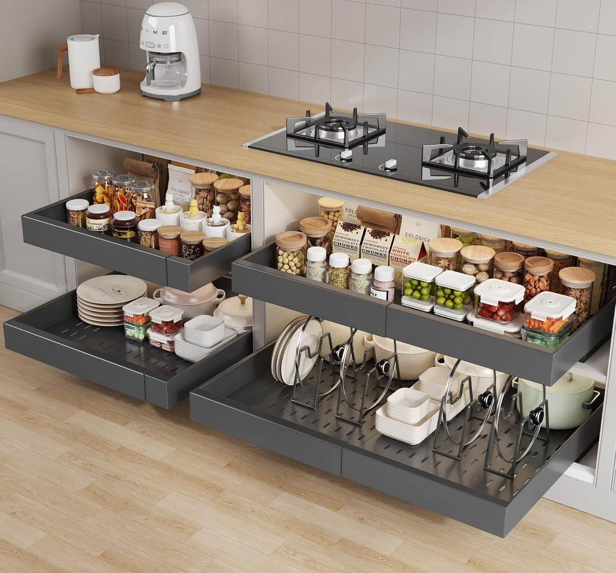 Pull out Cabinet Organizer 21"Deep with 4 Adjustable Dividers,Expandable（12.1"-20.4"W） Pots and Pans Organizer Under Cabinet with Raising Pad for Framed Cabinets,Slide out Drawers,White