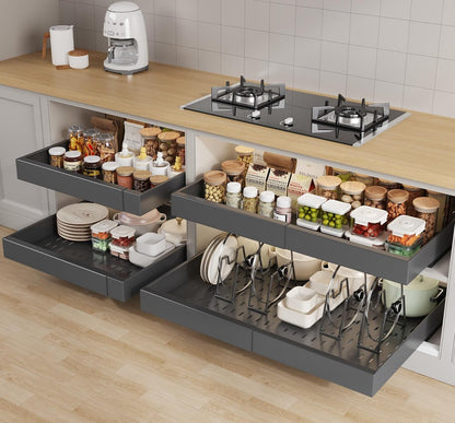 Pull out Cabinet Organizer 21"Deep with 4 Adjustable Dividers,Expandable（12.1"-20.4"W） Pots and Pans Organizer Under Cabinet with Raising Pad for Framed Cabinets,Slide out Drawers,White