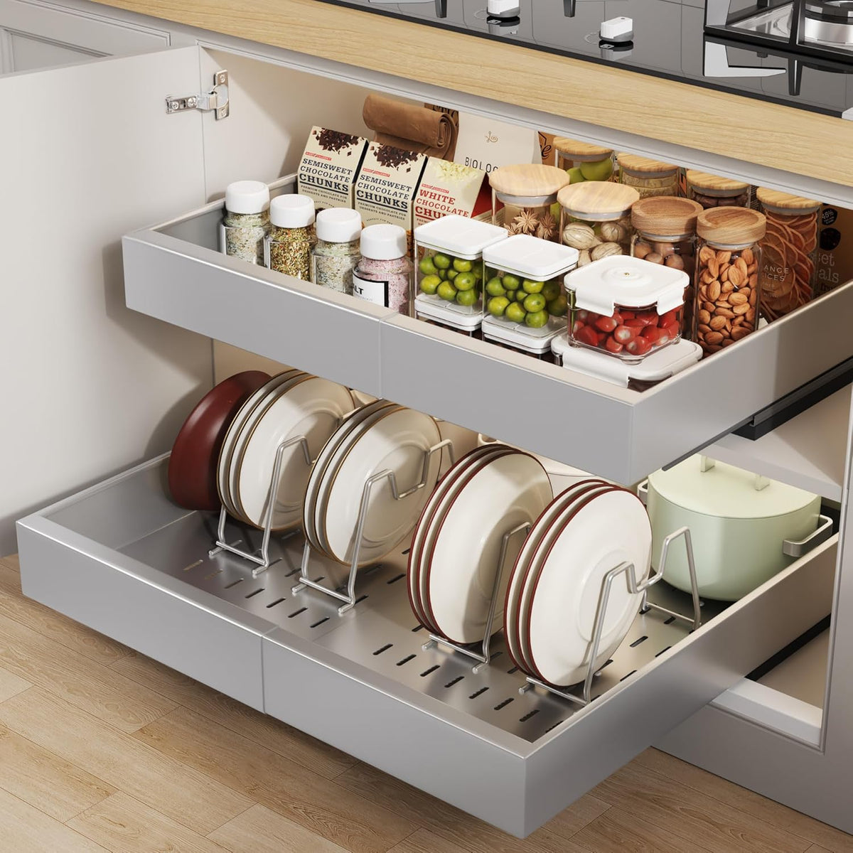 Pull out Cabinet Organizer 21"Deep with 4 Adjustable Dividers,Expandable（12.1"-20.4"W） Pots and Pans Organizer Under Cabinet with Raising Pad for Framed Cabinets,Slide out Drawers,White