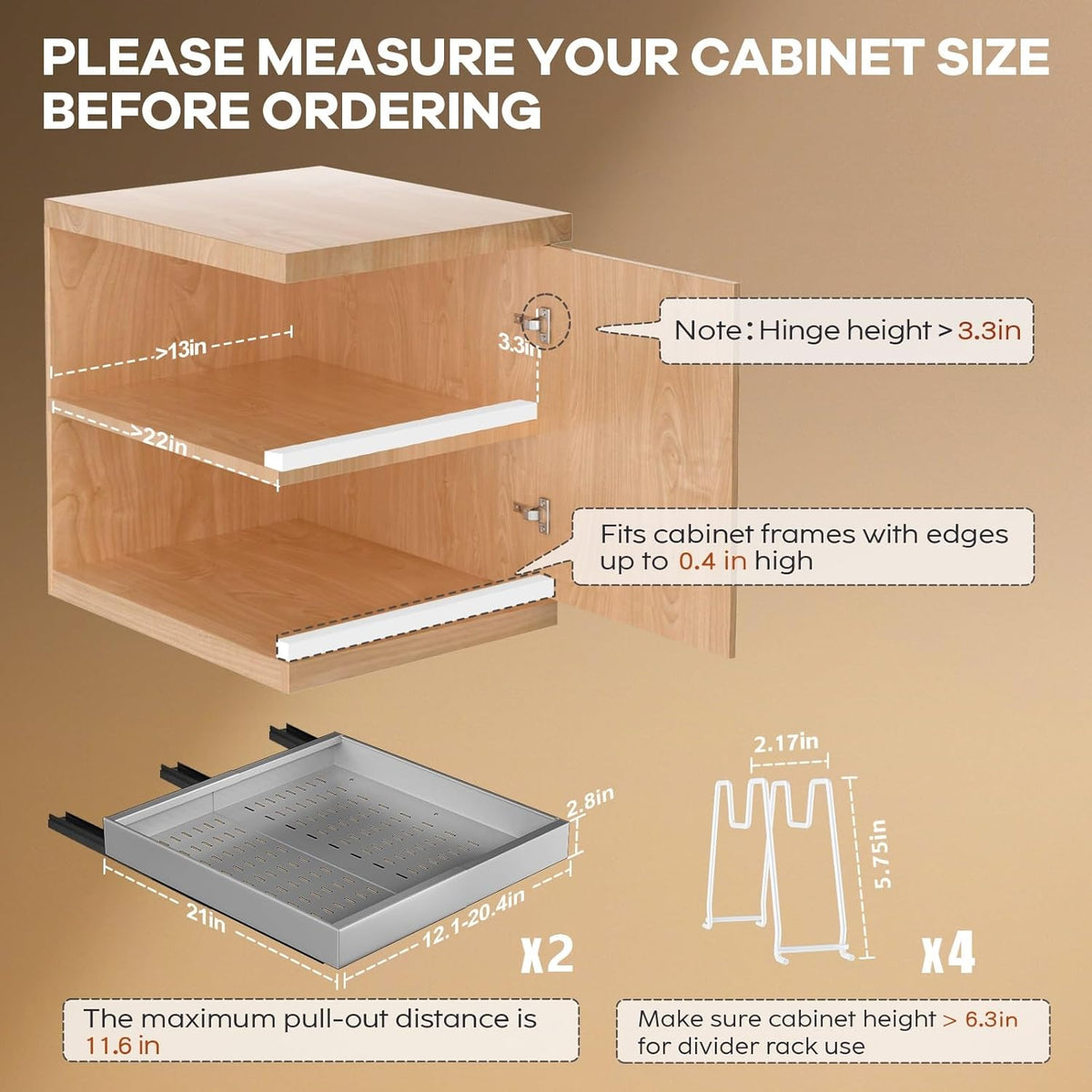Pull out Cabinet Organizer 21"Deep with 4 Adjustable Dividers,Expandable（12.1"-20.4"W） Pots and Pans Organizer Under Cabinet with Raising Pad for Framed Cabinets,Slide out Drawers,White
