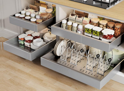 Pull out Cabinet Organizer 21"Deep with 4 Adjustable Dividers,Expandable（12.1"-20.4"W） Pots and Pans Organizer Under Cabinet with Raising Pad for Framed Cabinets,Slide out Drawers,White