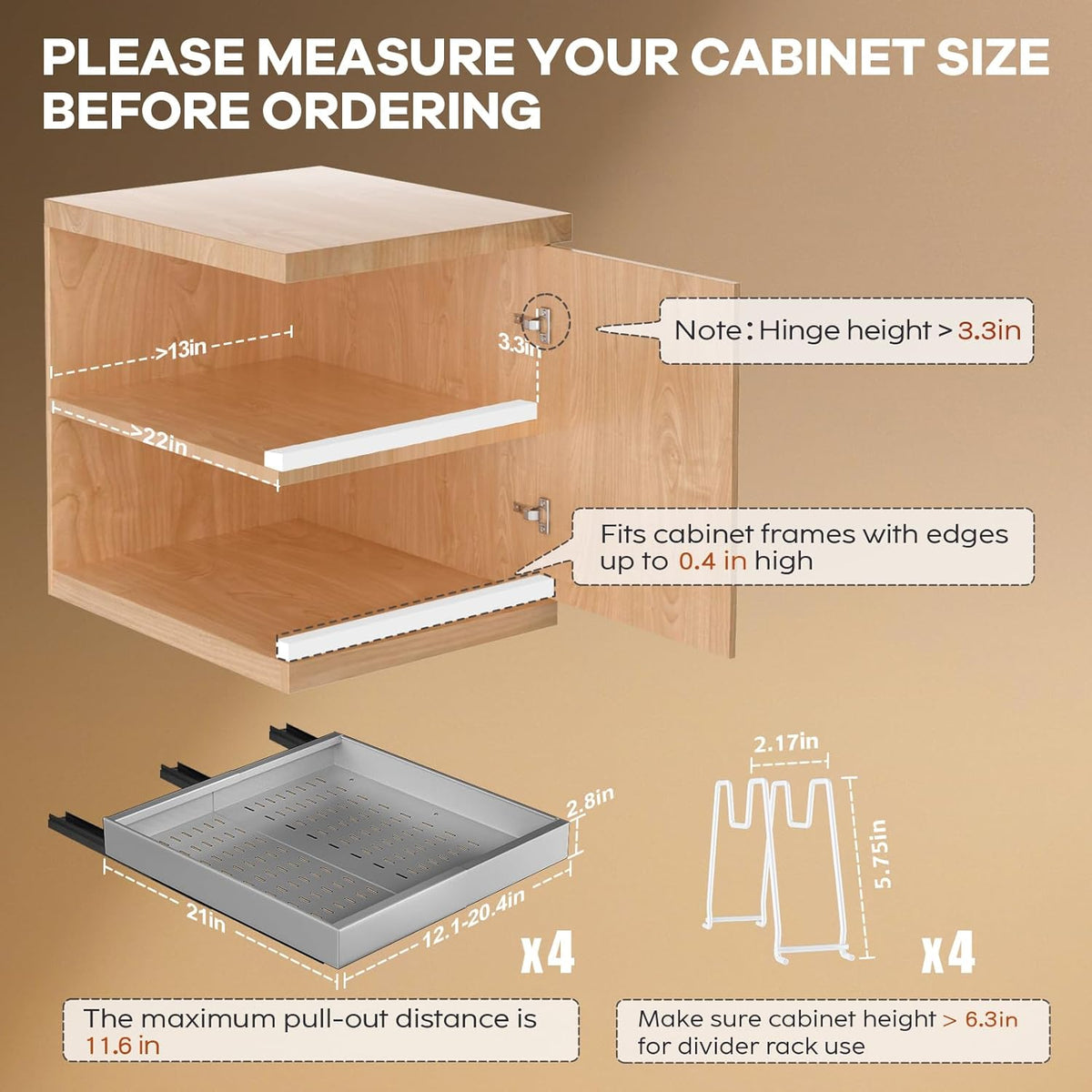 Pull out Cabinet Organizer 21"Deep with 4 Adjustable Dividers,Expandable（12.1"-20.4"W） Pots and Pans Organizer Under Cabinet with Raising Pad for Framed Cabinets,Slide out Drawers,White