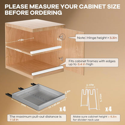 Pull out Cabinet Organizer 21"Deep with 4 Adjustable Dividers,Expandable（12.1"-20.4"W） Pots and Pans Organizer Under Cabinet with Raising Pad for Framed Cabinets,Slide out Drawers,White
