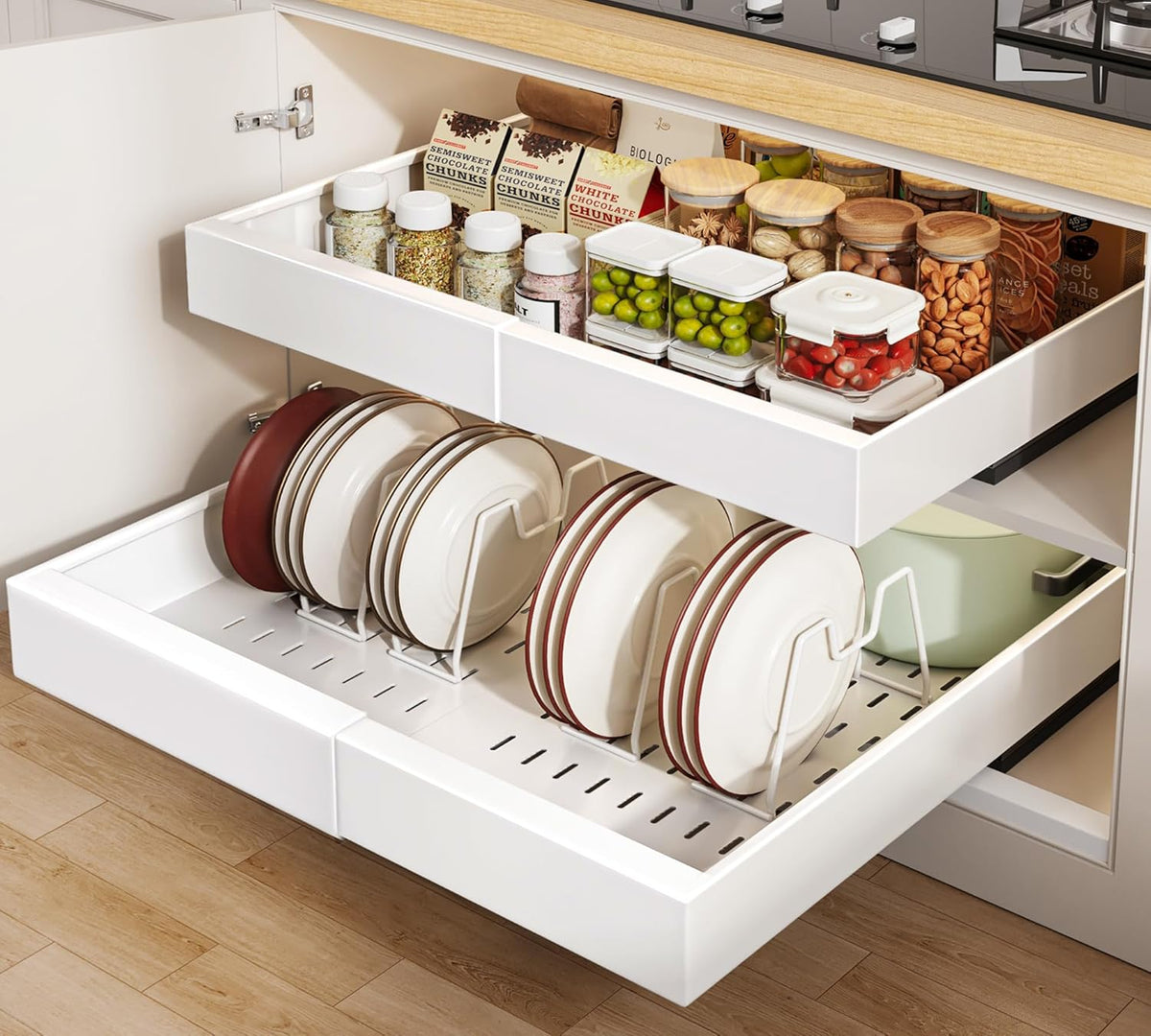 Pull out Cabinet Organizer 21"Deep with 4 Adjustable Dividers,Expandable（12.1"-20.4"W） Pots and Pans Organizer Under Cabinet with Raising Pad for Framed Cabinets,Slide out Drawers,White