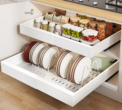 Pull out Cabinet Organizer 21"Deep with 4 Adjustable Dividers,Expandable（12.1"-20.4"W） Pots and Pans Organizer Under Cabinet with Raising Pad for Framed Cabinets,Slide out Drawers,White