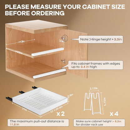 Pull out Cabinet Organizer 21"Deep with 4 Adjustable Dividers,Expandable（12.1"-20.4"W） Pots and Pans Organizer Under Cabinet with Raising Pad for Framed Cabinets,Slide out Drawers,White