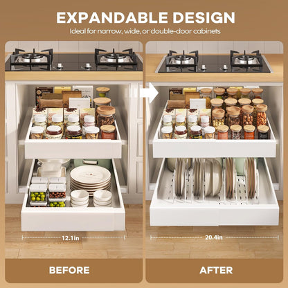 Pull out Cabinet Organizer 21"Deep with 4 Adjustable Dividers,Expandable（12.1"-20.4"W） Pots and Pans Organizer Under Cabinet with Raising Pad for Framed Cabinets,Slide out Drawers,White