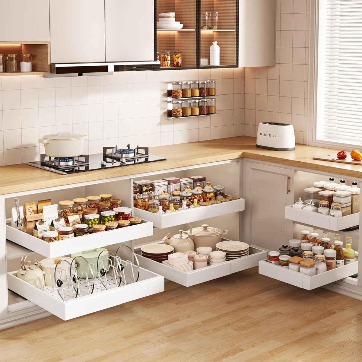 Pull out Cabinet Organizer 21"Deep with 4 Adjustable Dividers,Expandable（12.1"-20.4"W） Pots and Pans Organizer Under Cabinet with Raising Pad for Framed Cabinets,Slide out Drawers,White