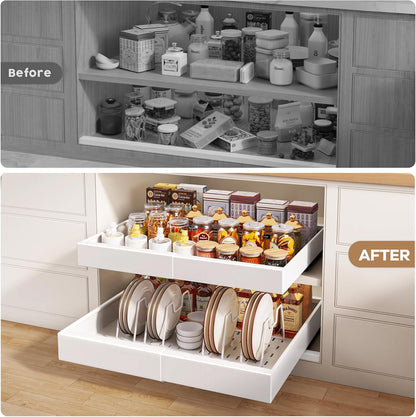 Pull out Cabinet Organizer 21"Deep with 4 Adjustable Dividers,Expandable（12.1"-20.4"W） Pots and Pans Organizer Under Cabinet with Raising Pad for Framed Cabinets,Slide out Drawers,White