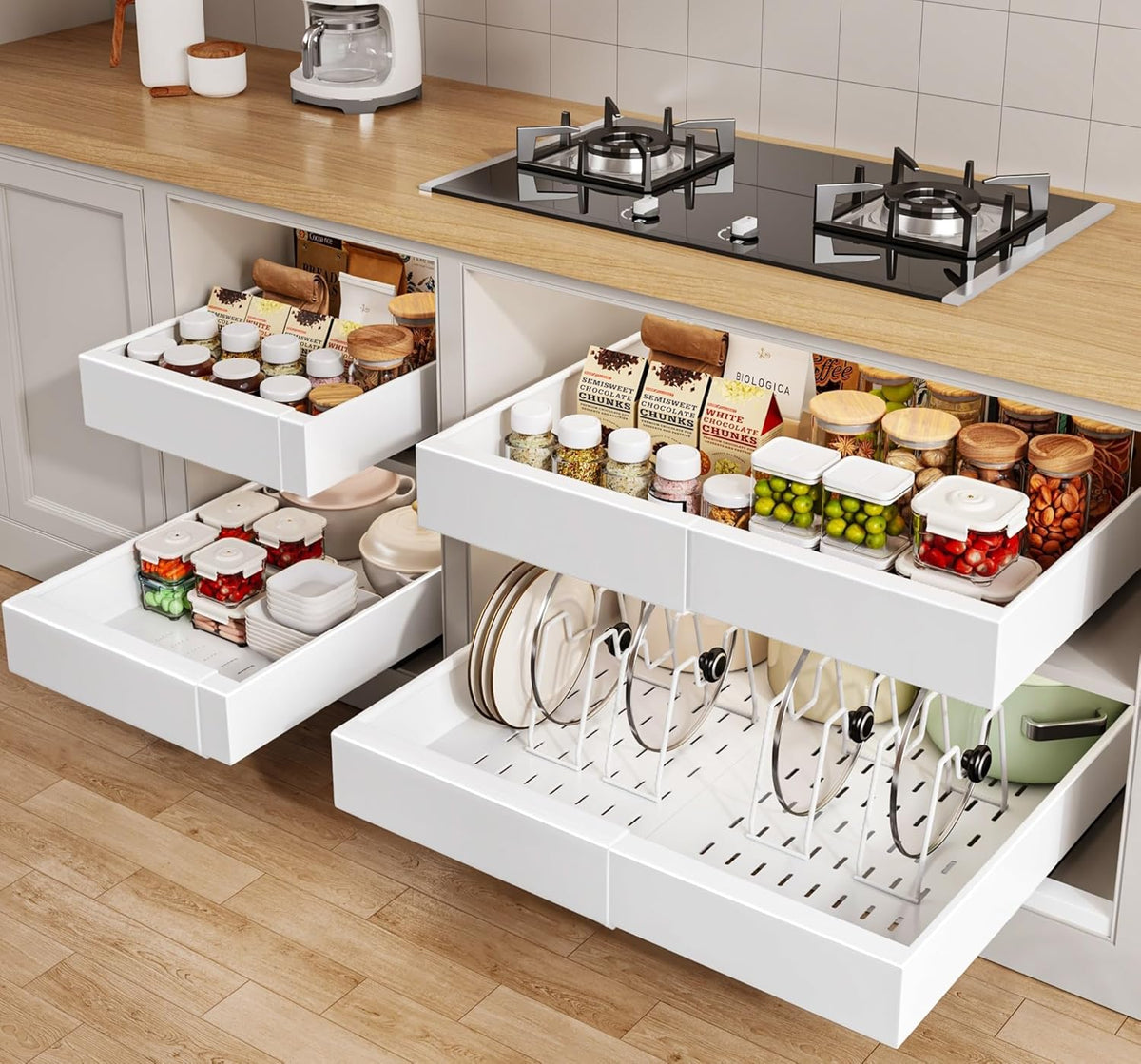Pull out Cabinet Organizer 21"Deep with 4 Adjustable Dividers,Expandable（12.1"-20.4"W） Pots and Pans Organizer Under Cabinet with Raising Pad for Framed Cabinets,Slide out Drawers,White