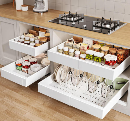 Pull out Cabinet Organizer 21"Deep with 4 Adjustable Dividers,Expandable（12.1"-20.4"W） Pots and Pans Organizer Under Cabinet with Raising Pad for Framed Cabinets,Slide out Drawers,White