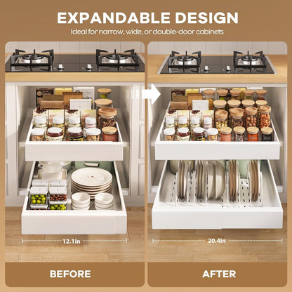 Pull out Cabinet Organizer 21"Deep with 4 Adjustable Dividers,Expandable（12.1"-20.4"W） Pots and Pans Organizer Under Cabinet with Raising Pad for Framed Cabinets,Slide out Drawers,White