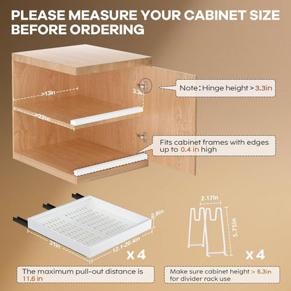 Pull out Cabinet Organizer 21"Deep with 4 Adjustable Dividers,Expandable（12.1"-20.4"W） Pots and Pans Organizer Under Cabinet with Raising Pad for Framed Cabinets,Slide out Drawers,White